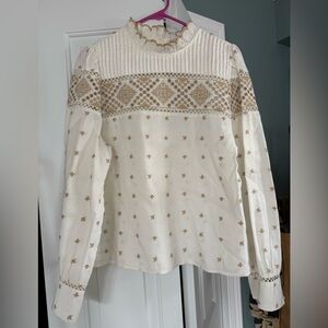 Sezane Cream & Tan Women's Lotta Blouse embroidered / ruffle collar - large